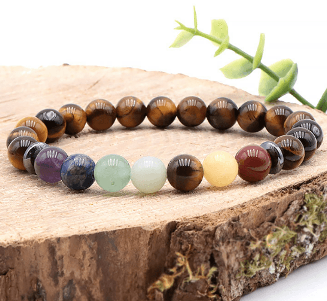 Bracelet 7 chakras et Oeil de tigre A perles de 8mm